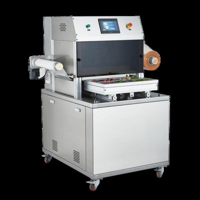 Full-Automatic Modified Atmosphere Vertical Tray Sealer DQ400L-E with Food Grade 304 Stainless Steel and 6061 Anodized Aluminum Mold for Food Packaging
