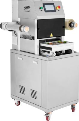 संशोधित वातावरण पैकेजिंग के लिए खाद्य ग्रेड 304 स्टेनलेस स्टील और 6061 एनोडाइज्ड एल्यूमीनियम मोल्ड के साथ वाणिज्यिक स्वचालित ट्रे सीलर